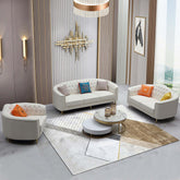 Beige leather sofa and loveseat set with pillows for classy living room decor